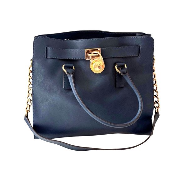 Michael Kors Navy Blue Leather Tote Bag With Gold Chain & Lock Accent - Picture 1 of 6